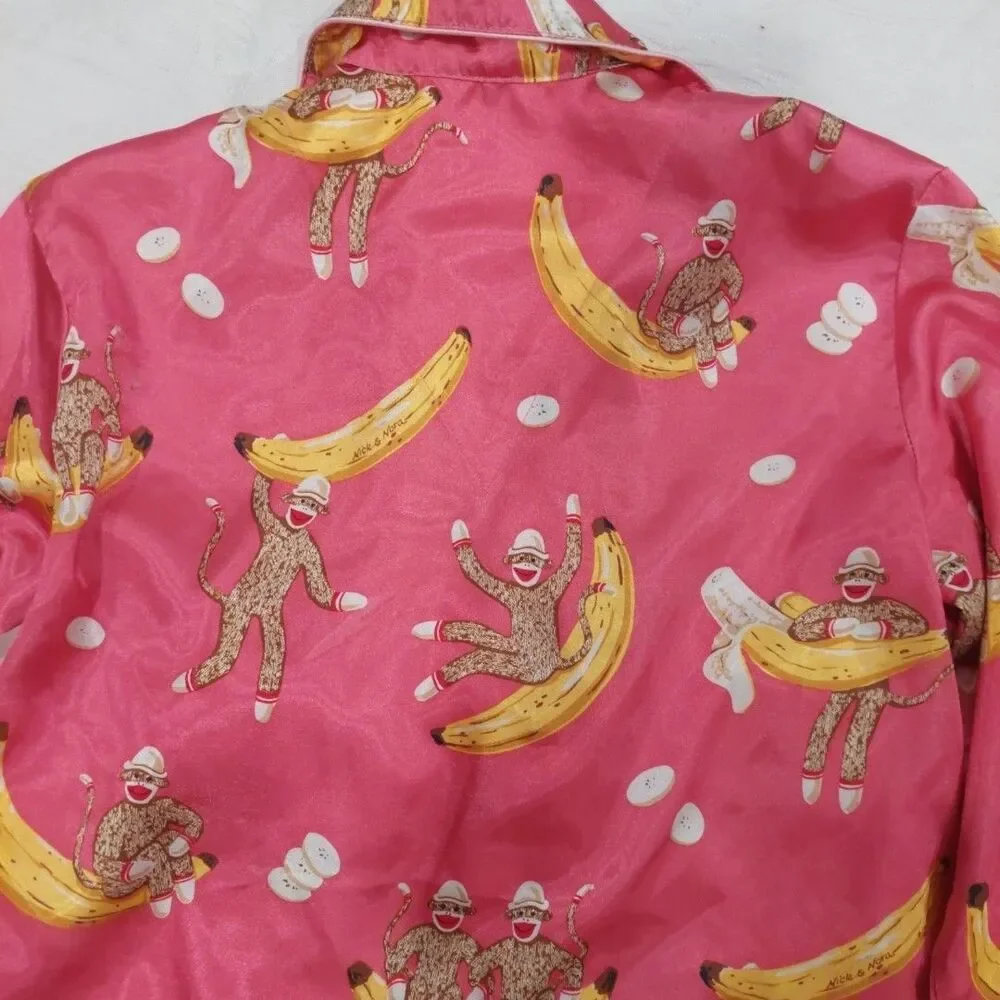 NICK & NORA Girl's PInk Sock Monkey Satin Pajama Size Medium (7-8) EUC